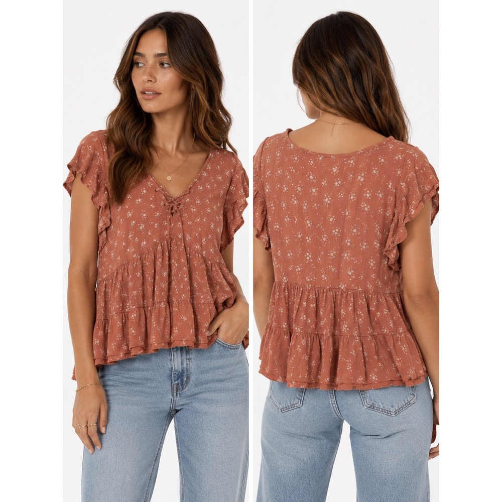 Arizona Peplum Blouse Womens‎ XL Rust Orange Floral Lace Up Flutter Boho Top